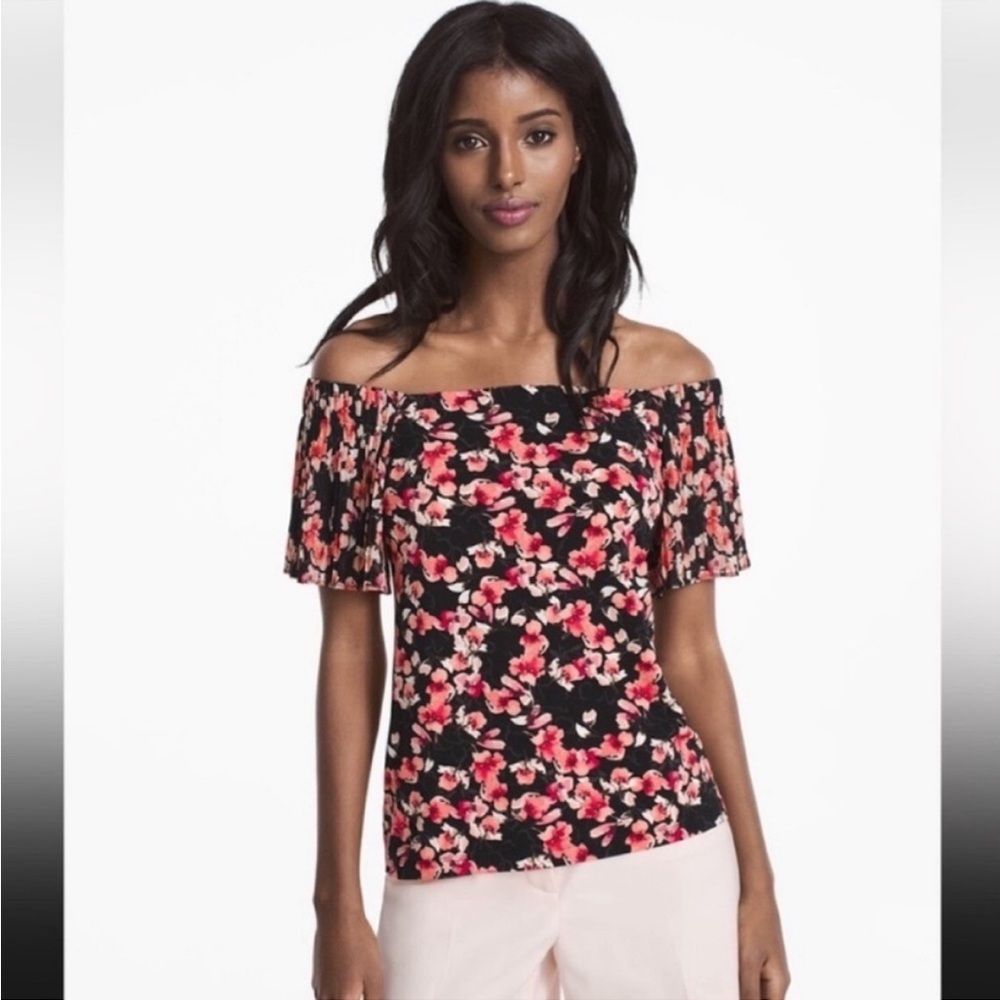 White House Black Market Off-Shoulder Rose Pink Floral Pleated Sleeve Top NWT